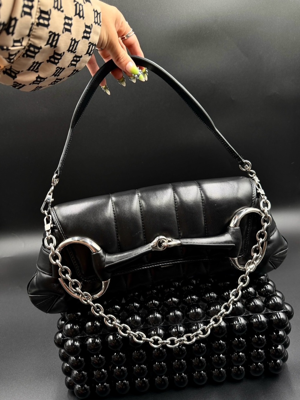 Gucci Black Quilted Leather Shoulder Bag with Silver Horsebit Chain
